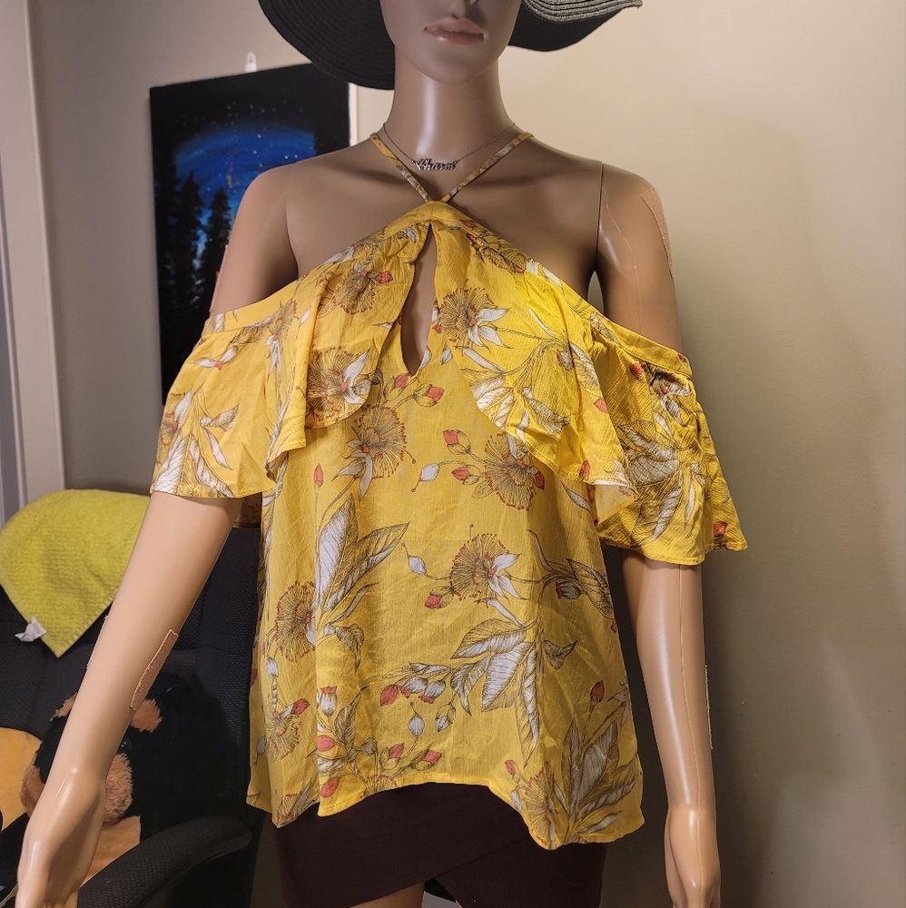 Beautiful Yellow Floral Off-shoulder with Halter Neck Blouse